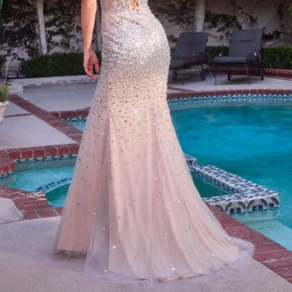 New Silver-Nude Rhinestones Embellished Gala Dress w/ Lace Up Back CD CZ2408 - Picture 12 of 13